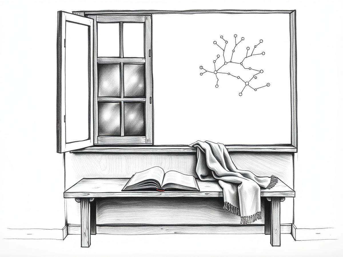 Illustration of an empty window seat with an open book and branching pathway lines
