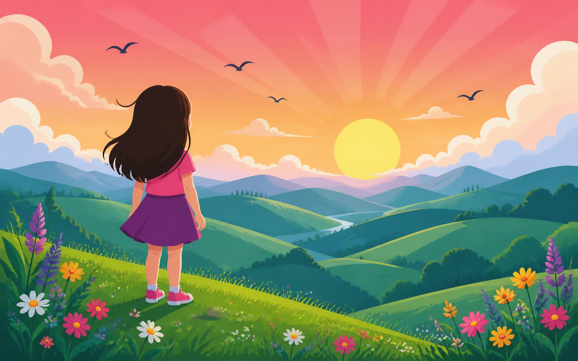 Illustrated silhouette of a girl on a hillside looking toward a distant horizon at dawn