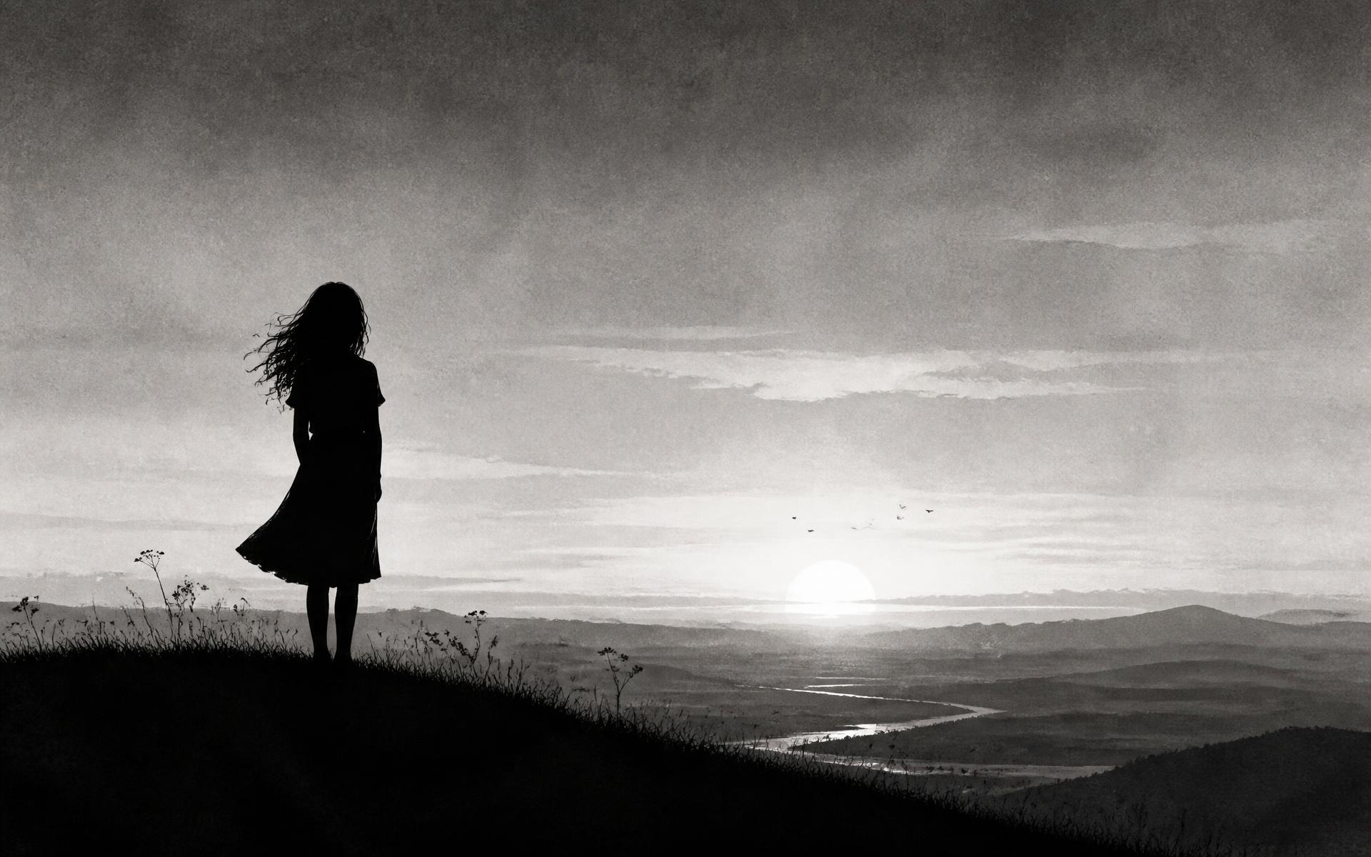 Illustrated silhouette of a girl on a hillside looking toward a distant horizon at dawn